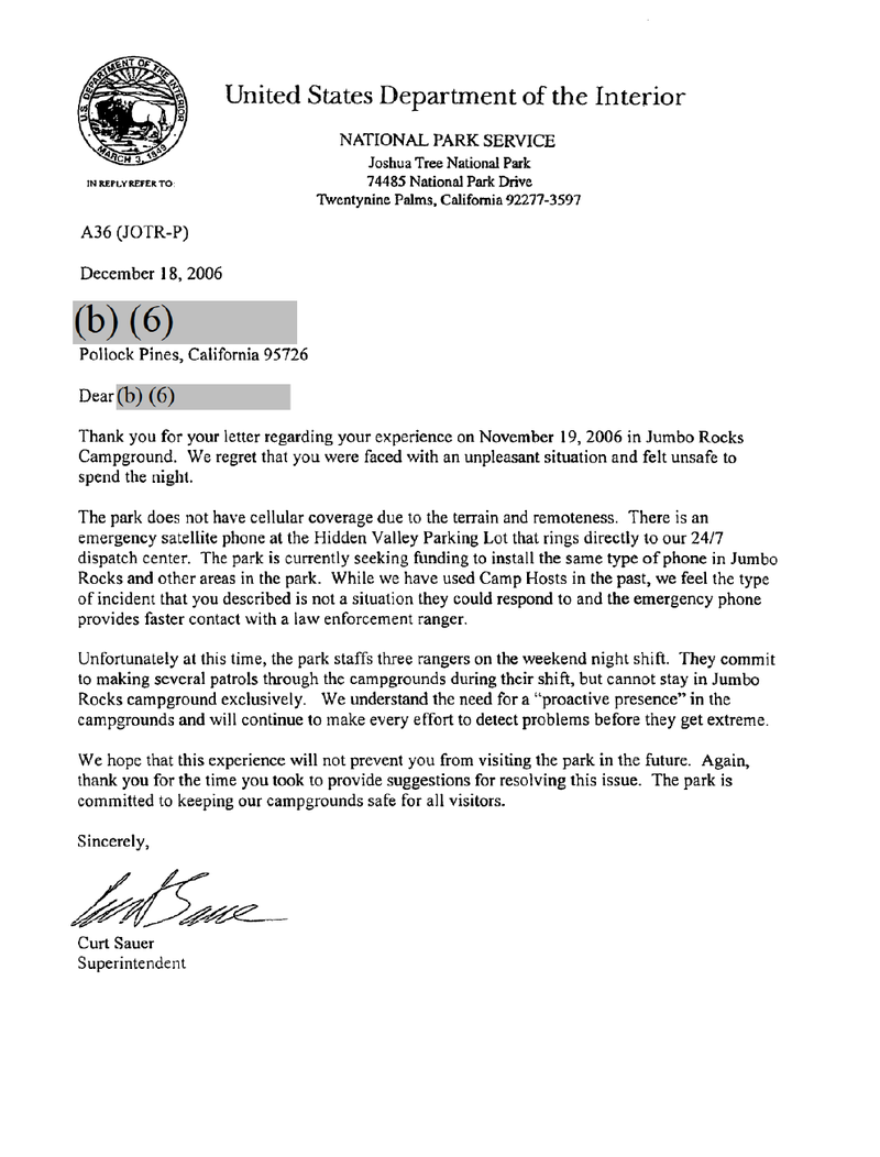 Response letter to a complaint from a visitor to Joshua Tree National Park